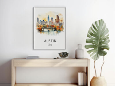 Austin skyline watercolor art on modern shelf