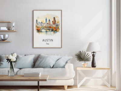 Modern living room with Austin skyline artwork.