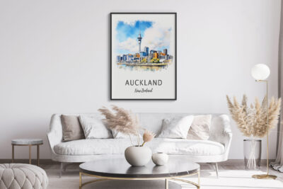 Modern living room with Auckland artwork.