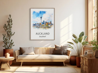 Cozy living room with Auckland artwork on wall.