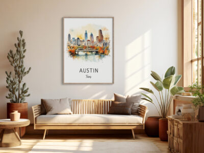 Modern living room with Austin skyline artwork.
