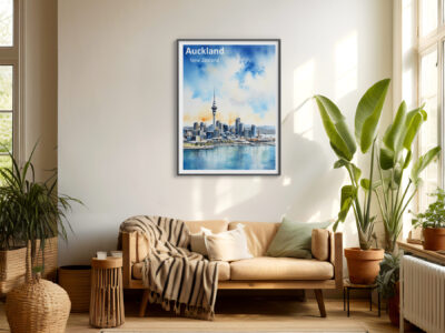 Cozy living room with Auckland cityscape artwork.