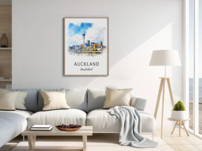 Modern living room with Auckland cityscape artwork.