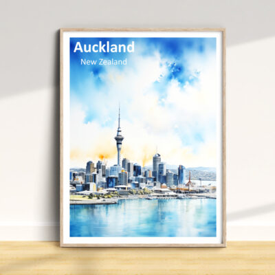 Auckland skyline watercolor print on wall.