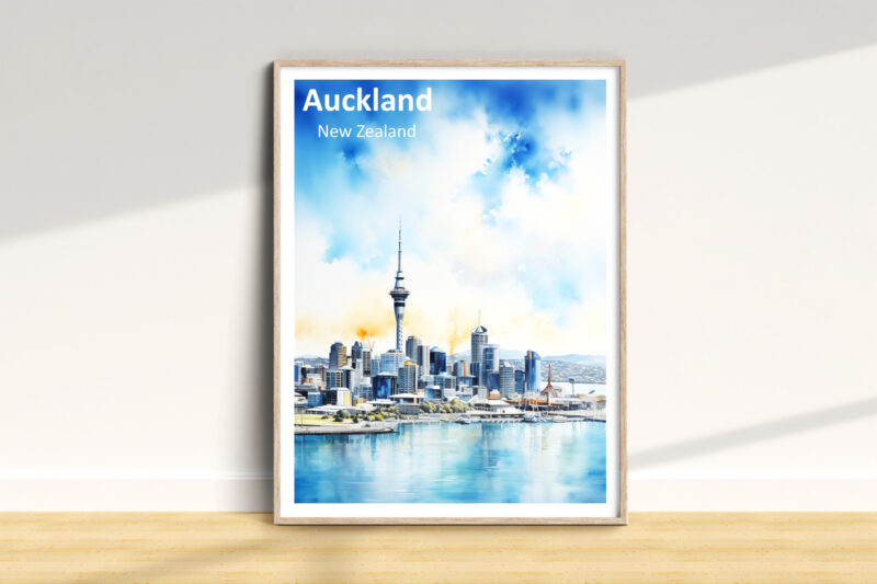 Auckland skyline watercolor print on wall.