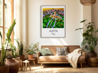 Cozy living room with Austin cityscape artwork.