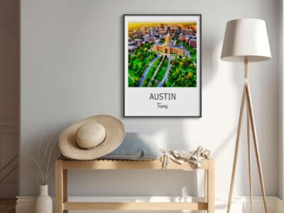 Austin skyline framed picture in minimal room decor.
