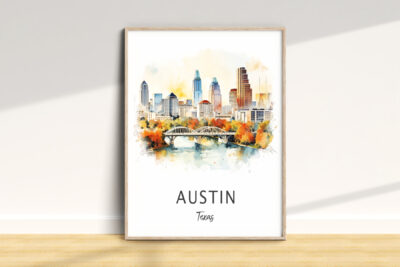 Austin Texas skyline watercolor art print framed
