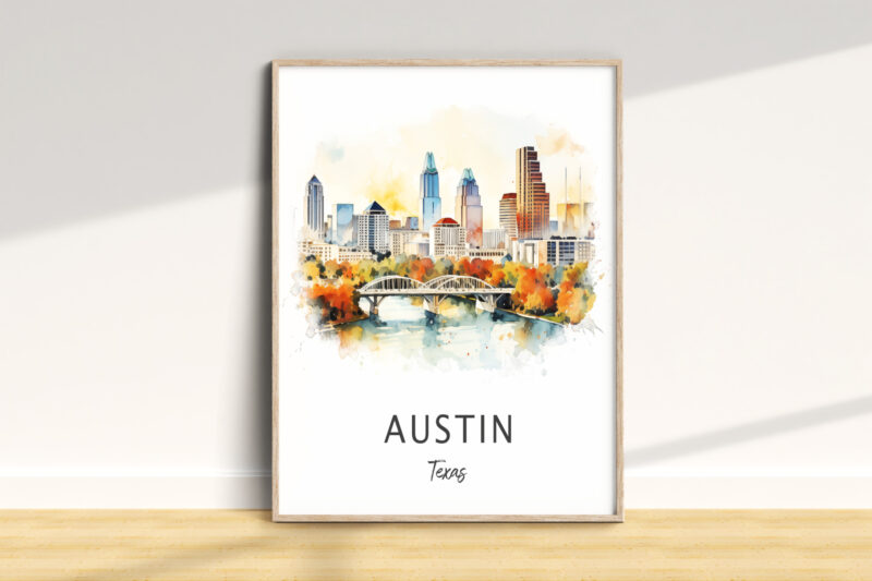 Austin Texas skyline watercolor art print framed
