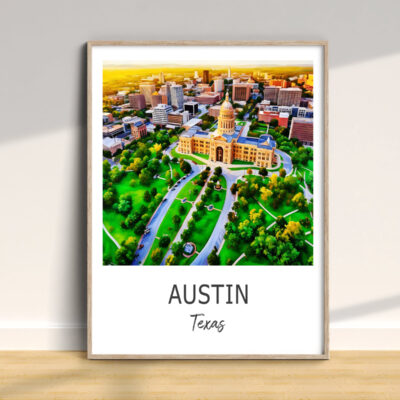 Framed aerial view of Austin, Texas skyline