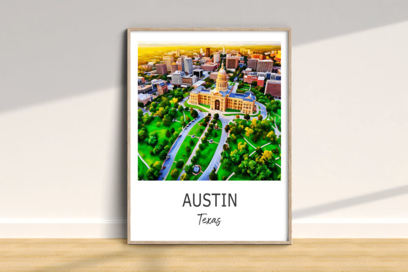 Framed aerial view of Austin, Texas skyline