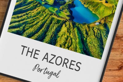 Azores Portugal scenic landscape, vibrant greenery and lakes.