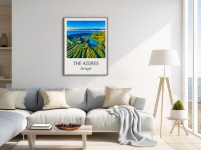 Modern living room with Azores poster on wall.