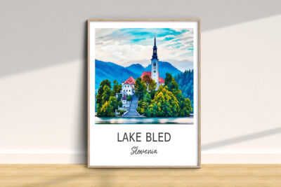 Lake Bled print with church and trees illustration.