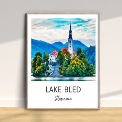 Lake Bled print with church and trees illustration.