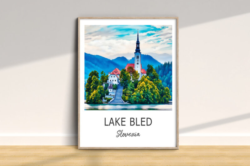 Lake Bled print with church and trees illustration.