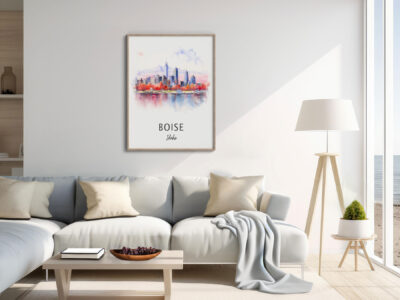 Modern living room with Boise skyline painting.