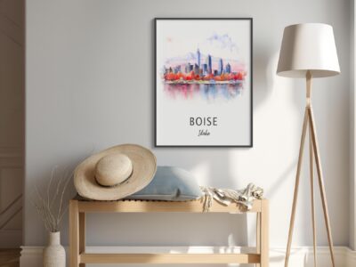 Boise skyline artwork on gray wall, lamp nearby.