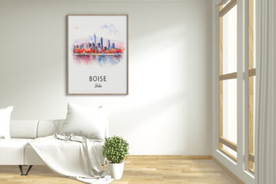 Boise Idaho watercolor skyline in modern living room