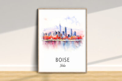 Boise city skyline artwork with autumn colors.