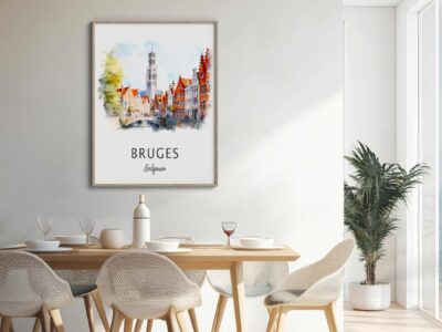 Dining room with Bruges cityscape artwork.