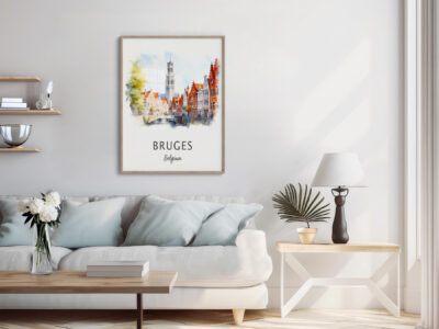 Cozy living room with Bruges artwork on wall.