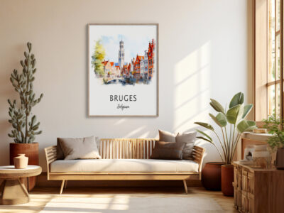 Bright living room with Bruges, Belgium artwork.