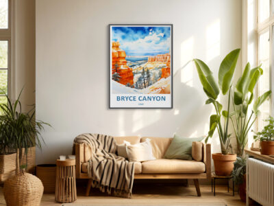 Living room with Bryce Canyon poster on wall.