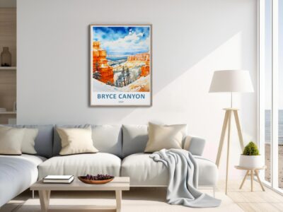 Living room with Bryce Canyon poster on wall.