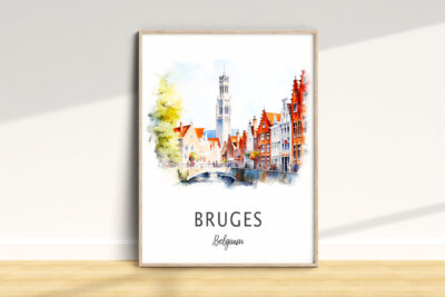 Watercolor painting of Bruges cityscape in Belgium.