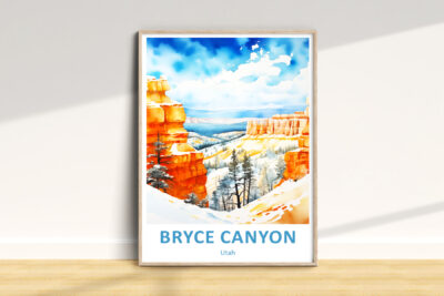 Bryce Canyon watercolor painting with snowy landscape.