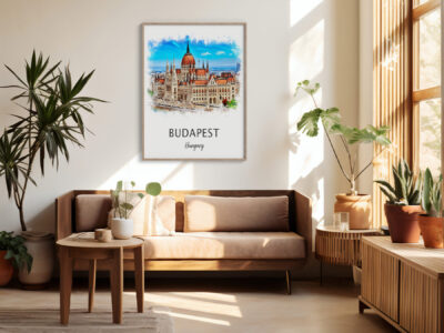 Cozy living room with Budapest artwork