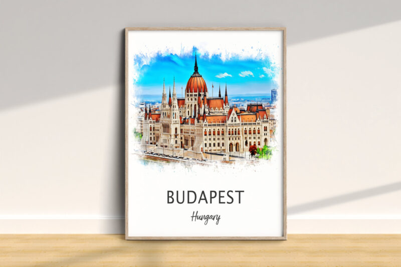 Watercolor painting of Budapest Parliament building.