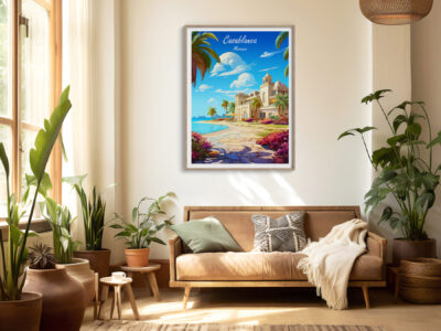 Cozy living room with plants and coastal artwork.