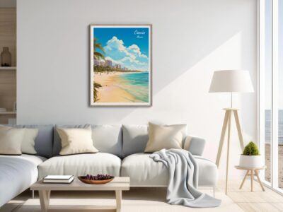 Cozy living room with beach painting and decor.