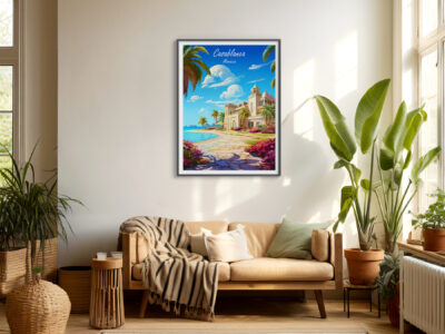 Cozy living room with Casablanca artwork and plants.
