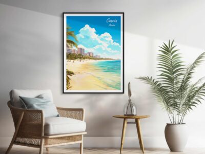 Beach resort poster on wall by chair and plant.