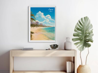 Cancún beach artwork on minimalist room wall.