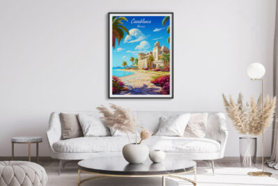 Modern living room with Casablanca poster on wall.