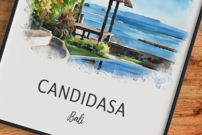 Candidasa Bali watercolor print with ocean view.
