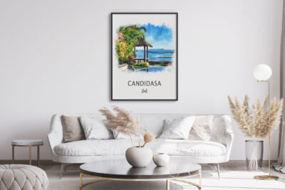 Living room with Candidasa Bali artwork on wall.