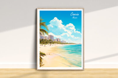 Colorful Cancún beach illustration poster.