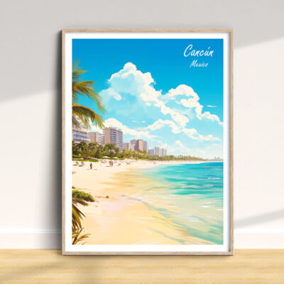 Colorful Cancún beach illustration poster.