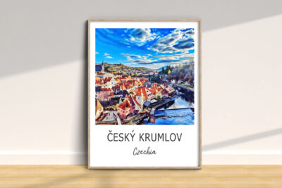 Colorful Český Krumlov landscape painting in frame.