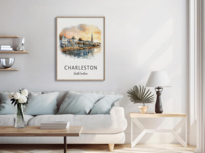 Modern living room with Charleston artwork decor.