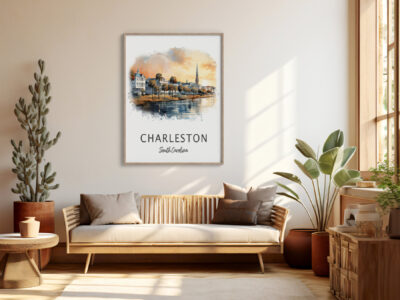 Cozy living room with Charleston poster and plants.