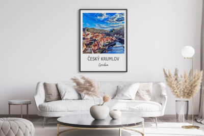 Living room with Český Krumlov poster decoration