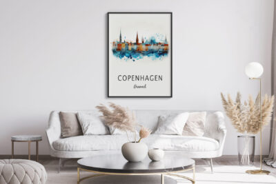 Minimalist living room with Copenhagen wall art.