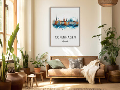 Cozy living room with Copenhagen artwork and plants.