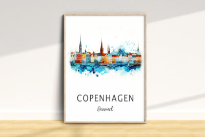 Copenhagen skyline watercolor art, Denmark.